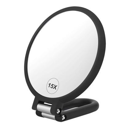 Oglinda Cosmetica Pliabila Elindor® Rotire 360°, Efect de Marire Lupa 15x, Oglinzi Cosmetice pentru Coafor, Frizerie, Barbierit, Pensat, Vopsit, Tuns, Machiaj, ABS Durabil, 3 Functii de Utilizare Agatare, in Mana sau pe Masa, 24.4x14 cm, Negru