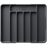 Organizator Negru Elindor® pentru Tacamuri si Ustensile de Bucatarie, 7 Compartimente, Sertar Extensibil 22-38 cm, Suport Ajustabil pentru Cutite, Linguri, Furculite, Accesorii Bucatarie, Separator Sertar, PP