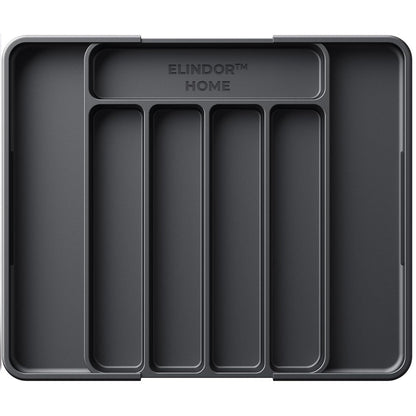 Organizator Negru Elindor® pentru Tacamuri si Ustensile de Bucatarie, 7 Compartimente, Sertar Extensibil 22-38 cm, Suport Ajustabil pentru Cutite, Linguri, Furculite, Accesorii Bucatarie, Separator Sertar, PP