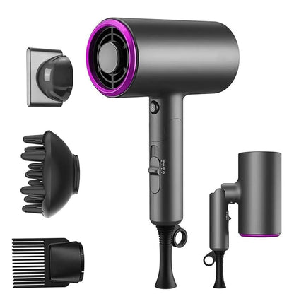 Uscator de Par Elindor®, 1800W, Tehnologie cu Ioni Negativi, 3 Trepte de Temperatura si Viteza, Jet de Aer Rece, 3 Duze pentru Coafare, Design Compact si Pliabil, Negru/Mov