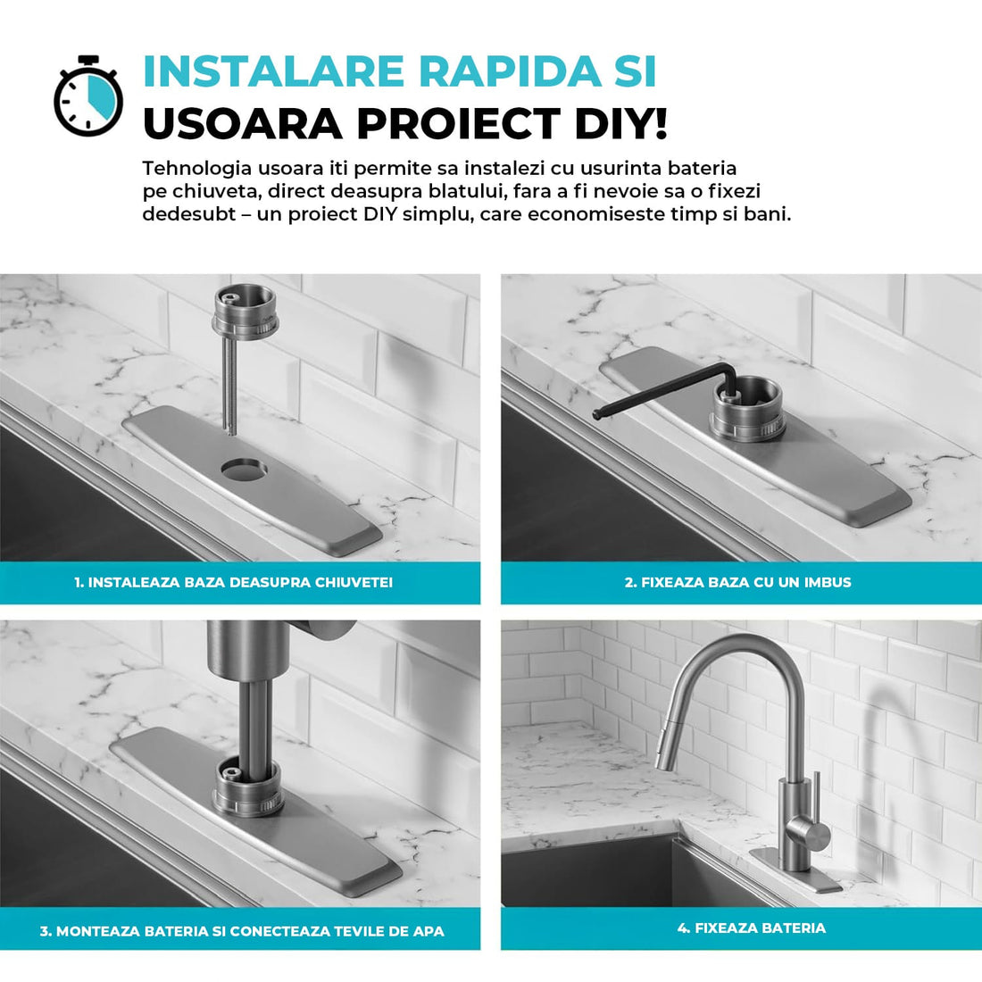 Baterie Bucatarie cu Dus Extractibil Elindor®, Jet Ajustabil, Design Modern, Argintiu