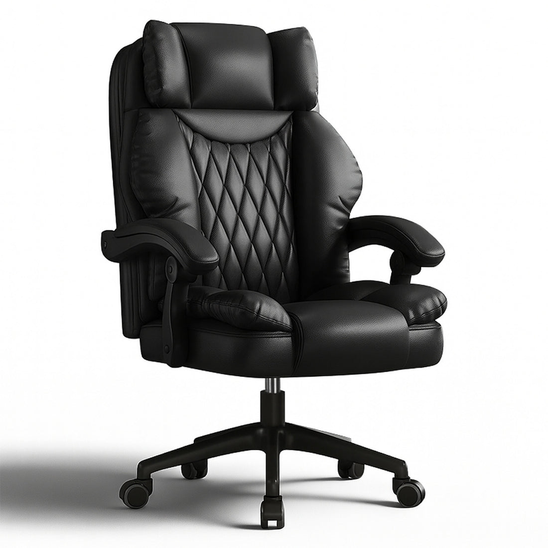 Scaun de Birou Elindor® Ergonomic, Design Contemporan, Scaun cu Spatar si Manere, din Piele PU cu Suport pentru Picioare si Roti, Latime Sezut 58 cm, Inaltime intre 48-56 cm, Negru