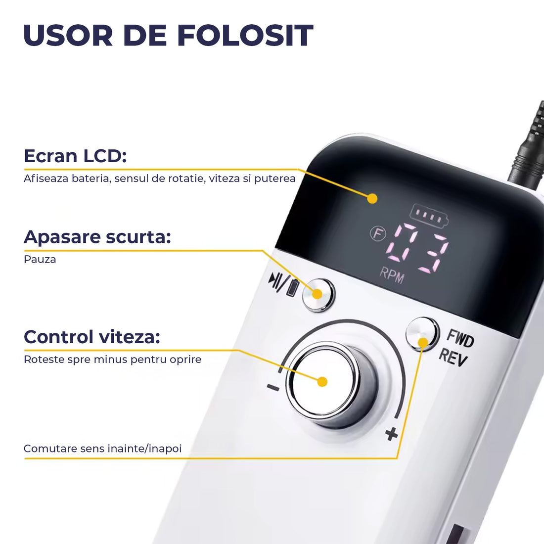 Freza Unghii Electrica Elindor® cu Suport Pila Electrica Reincarcabila, Set Complet de Ingrijire pentru Manichiura si Pedichiura Profesionala, Cuticule sau Calcaie, 45000 RPM, Viteza Reglaj Continuu, 6 Capete Detasabile, 6 Benzi Abrazive, Ecran LCD, Alb