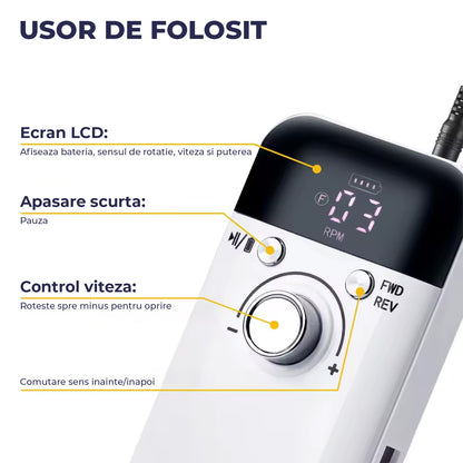 Freza Unghii Electrica Elindor® cu Suport Pila Electrica Reincarcabila, Set Complet de Ingrijire pentru Manichiura si Pedichiura Profesionala, Cuticule sau Calcaie, 45000 RPM, Viteza Reglaj Continuu, 6 Capete Detasabile, 6 Benzi Abrazive, Ecran LCD, Alb