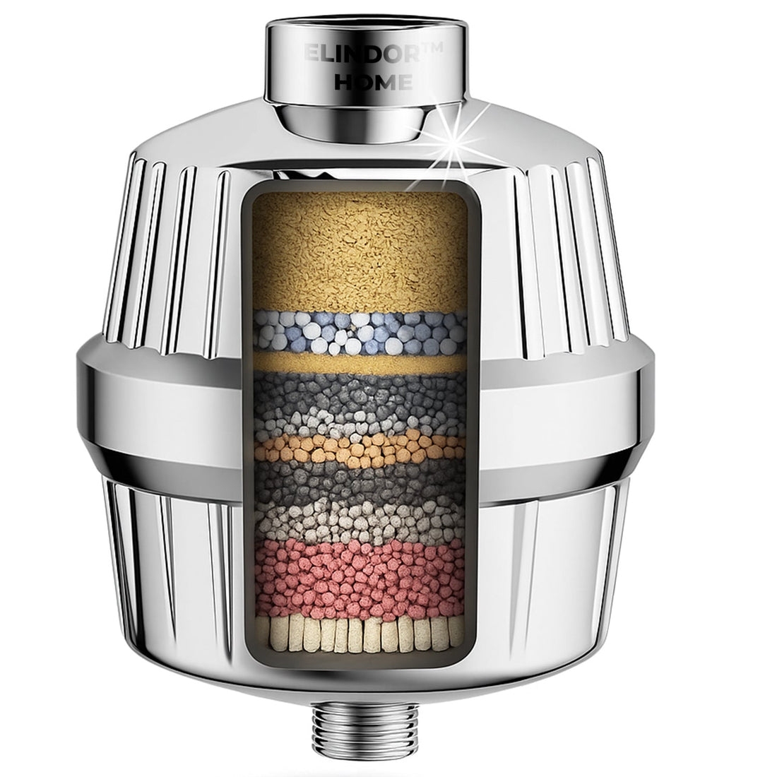 Filtru de Purificare Apa Argintiu Elindor® pentru Para de Dus Aparat de Filtrat cu 34 Stagii de Filtrare, Infuzie de Minerale si Vitamina C, Elimina Clorul, Metalele Grele, Impuritatile si Mirosurile Neplacute, Anticalcar, Purificator Apa de Baie