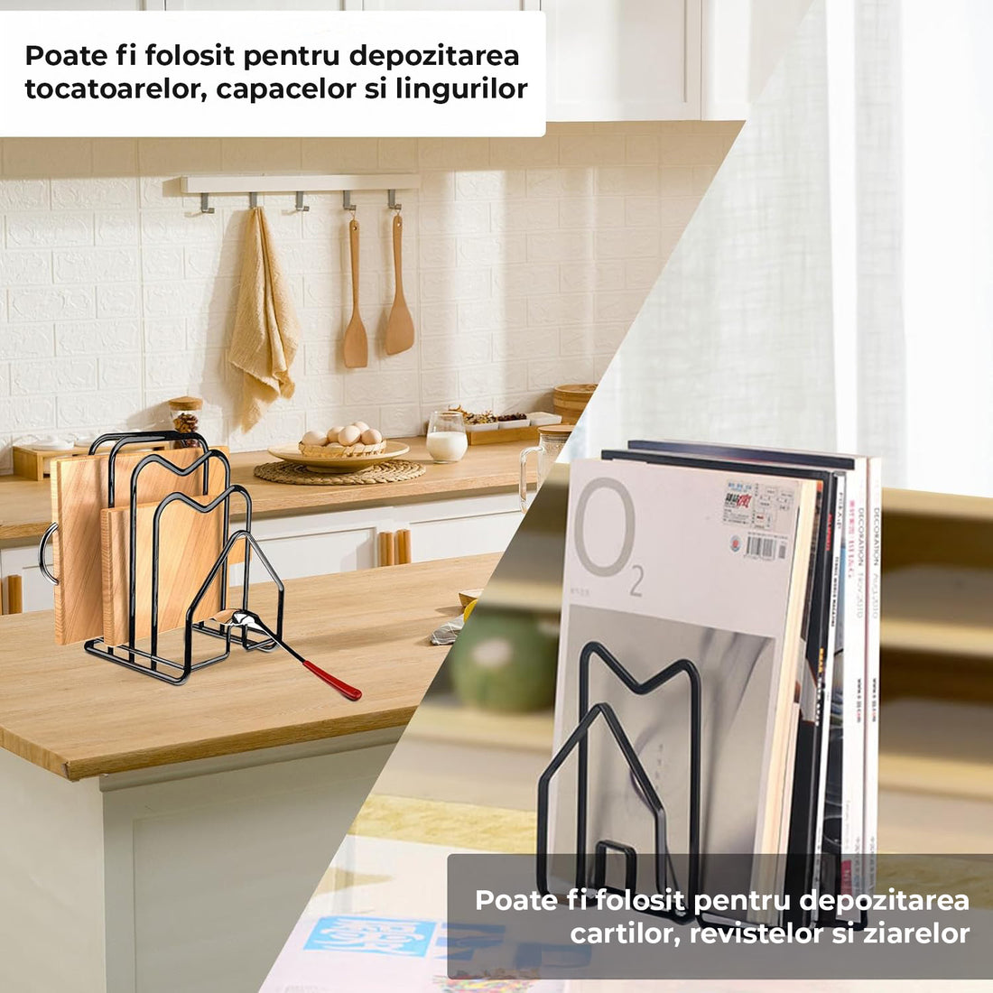 Suport Tocatoare Metalic Elindor® Organizator Compact si Elegant pentru Bucatarie, Baza Antiderapanta, Ideal pentru Tocatoare, Capace Oale si Tigai, Ustensile Bucatarie, Carti, 12.5 × 14.5 × 21.5 cm, Negru