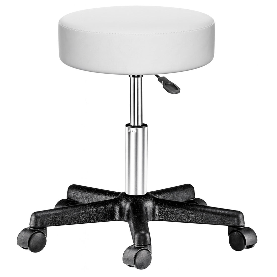 Scaun Rotativ Elindor® cu Roti, Ergonomic, fara Spatar si Manere, Design Compact, Tapitat cu Burete Moale, cu Picior Metalic, Potrivite pentru Living, Bucatarie, Birou, Dormitor, Inaltime Ajustabila, 49 x 49 x 46-60 cm, Alb