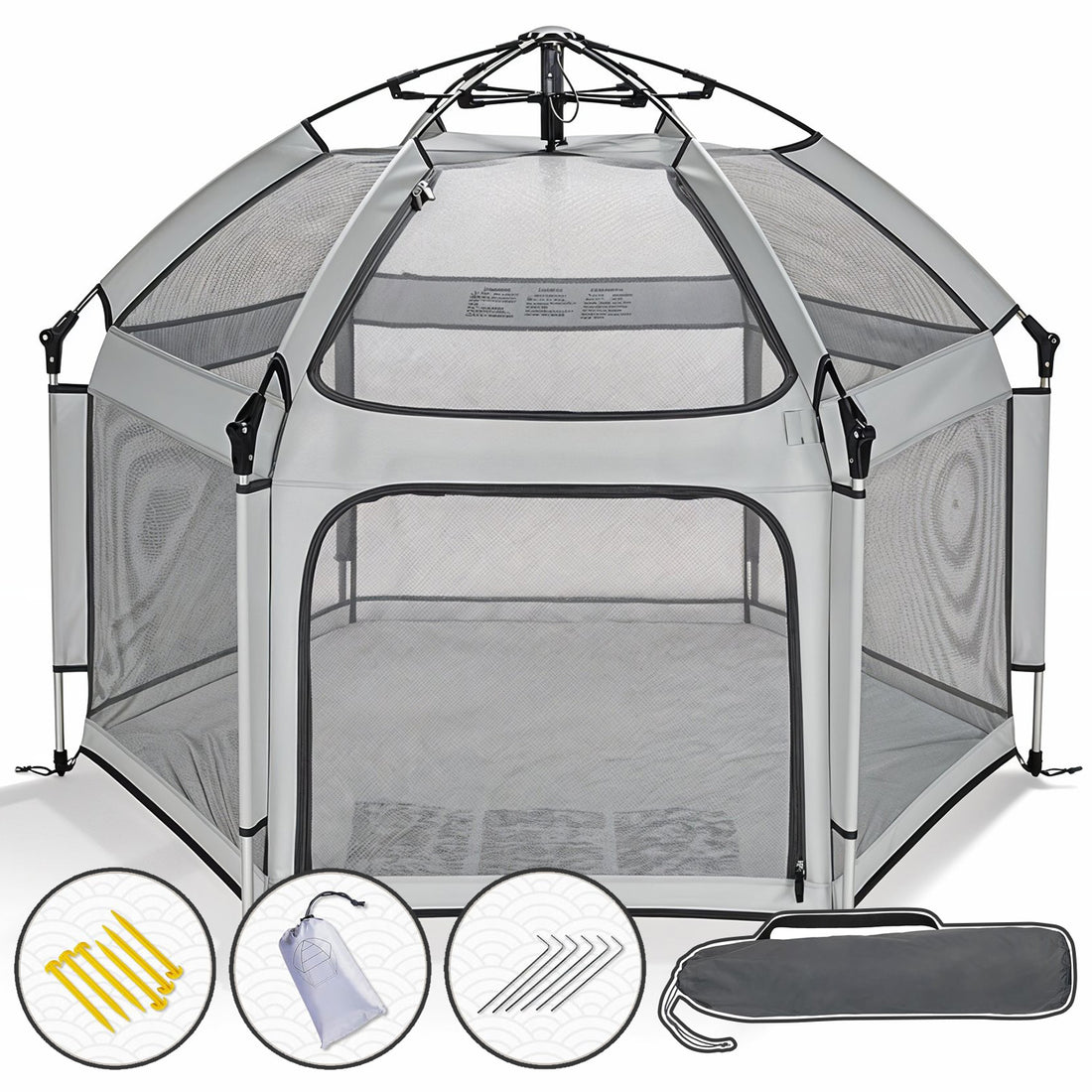 Tarc de Joaca pentru Bebelusi si Copii Elindor® Tip Cort, Spatiul Sigur de Joaca, Plasa de Protectie UV, Include Usa cu Fermoar, Materiale Eco-Friendly și Non-Toxice, Varsta 1-5 ani, 150 x 150 x 122 cm, Gri