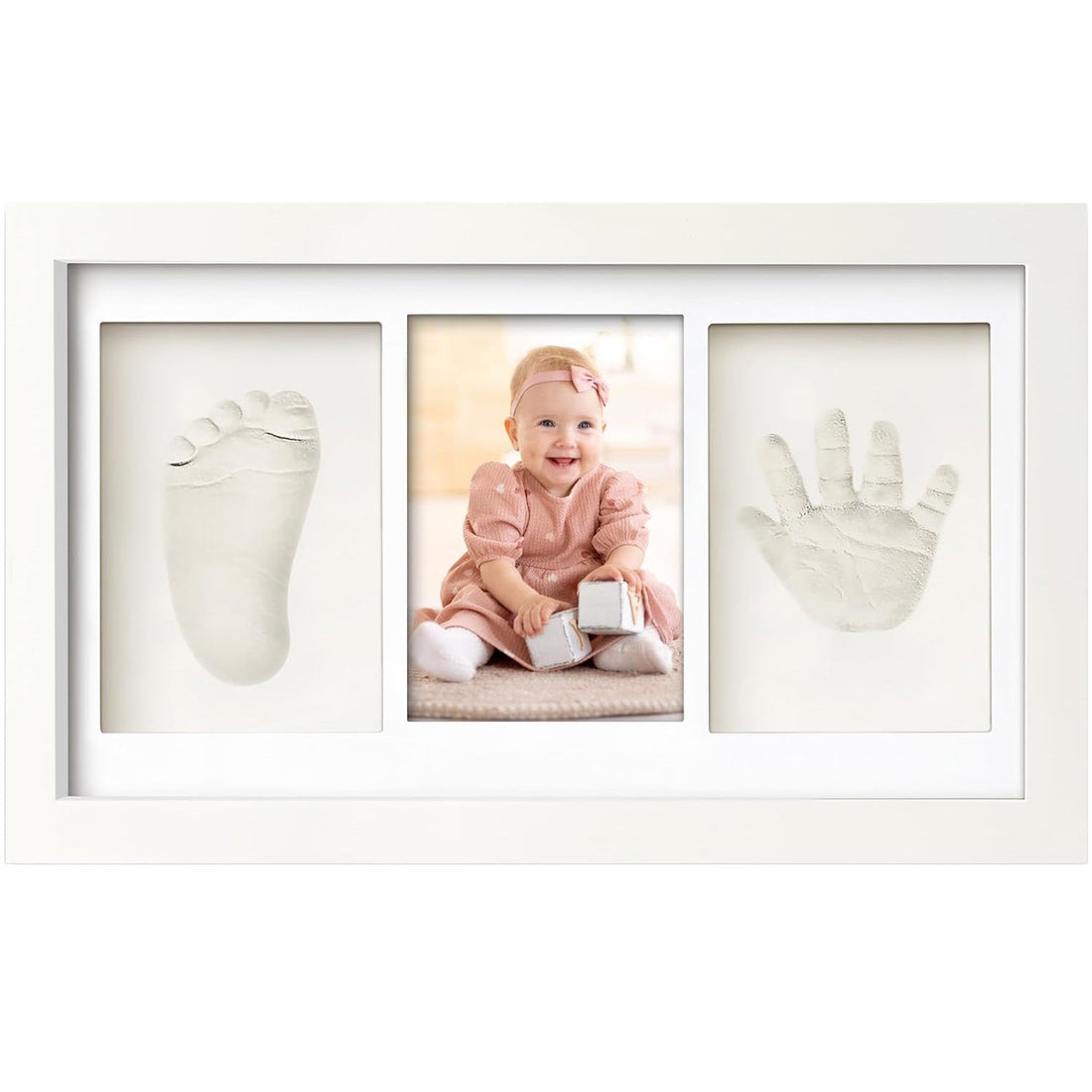 Kit Amprenta Bebe cu Lut Non-Toxic si Rama Foto Elindor® Personalizabil, pentru Maini si Picioare, Cadou Ideal pentru Botez, Zi de Nastere si Baby Shower, Set Complet cu Etichete, Pigment si Cutie de Cadou, Design Elegant, Alb