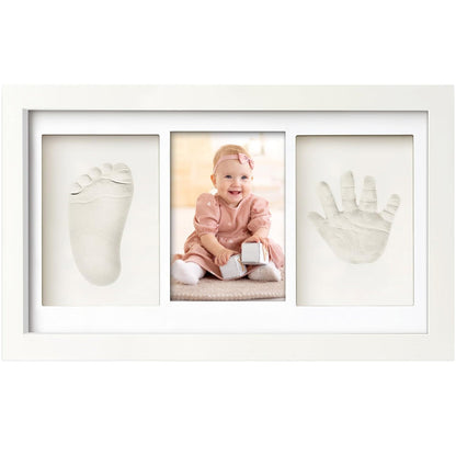 Kit Amprenta Bebe cu Lut Non-Toxic si Rama Foto Elindor® Personalizabil, pentru Maini si Picioare, Cadou Ideal pentru Botez, Zi de Nastere si Baby Shower, Set Complet cu Etichete, Pigment si Cutie de Cadou, Design Elegant, Alb