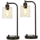 Set 2 Veioze de Noptiera Elindor® Veioza Aurie cu Intrerupator Rotativ de Reglare a Intensitatii, Lampa cu Baza Metalica si Abajur din Sticla, Lampa pentru Camera de Zi, pentru Dormitor, Sufragerie, Birou, 2 Porturi USB, Antialunecare, 20 x 15 x 41 cm