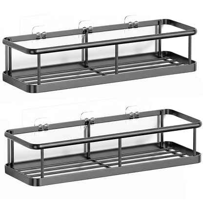 Set 2 Rafturi de Dus Elindor® Polita cu Adeziv, Etajera de Baie, Raft cu Carlige, din Metal, Suport Prosop si Sapun, Organizator Baie sau Etajere Depozitare in Bucatarie, Accesorii, 31.5 x 11 x 6.5 cm, Negru