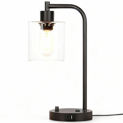 Veioza de Noptiera Elindor® cu Intrerupator Rotativ de Reglare a Intensitatii, Lampa cu Baza Metalica si Abajur din Sticla, Lampa pentru Camera de Zi, pentru Dormitor, Sufragerie, Birou, 2 Porturi USB, Antialunecare, 20 x 15 x 41 cm, Negru