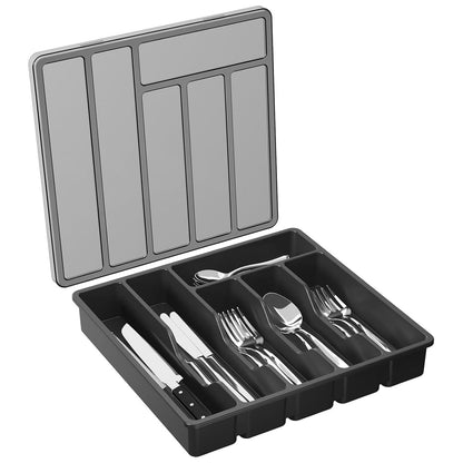 Organizator pentru Tacamuri Negru Elindor® Ustensile de Bucatarie, 6 Compartimente Depozitare, Suport pentru Cutite, Linguri, Furculite, Accesorii Bucatarie, Separator Sertar, 33x30x5.3 cm, PP fara BPA