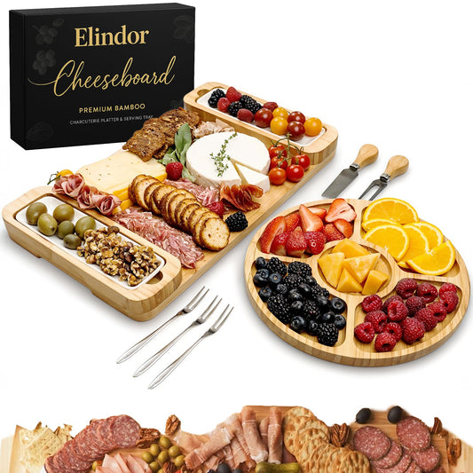 Set Platou Servire Elindor® din Bambus Natural, cu Tava Rotunda, Cutite Branzeturi, Boluri Ceramice si Furculite – Ideal pentru Aperitive, Fructe, Cadouri Casa Noua, Nunta sau Petreceri,  Set Elegant si Practic