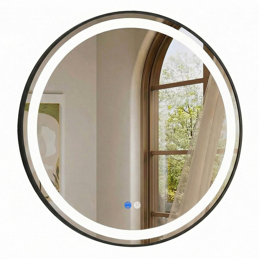 Oglinda de Perete Elindor® Rotunda, Antiaburire, cu Rama Neagra, Ideala pentru Baie, Iluminare Led, 3 Culori Lumina, Dimabila, Buton ON/OFF Luminat si Noaptea, Rezistenta la Umiditate IP44, 80 x 80 cm