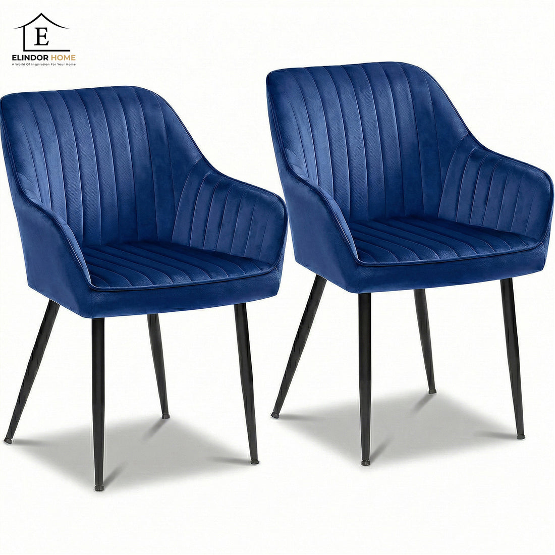 Set 2 Scaune Elindor® Ergonomice, Design Contemporan, Scaun cu Spatar si cu Manere, din Catifea cu Picioare Metalice Negre, Potrivite pentru Living, Bucatarie, Birou, Dormitor, 90x60x45 cm, Albastru