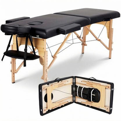 Masa de Masaj Elindor® cu Tetiera, Pliabila si Portabila, Universala, Usor de Transportat, Pat Cosmetica, Saltea Burete, Inaltime Reglabila 64-86 cm, Greutate Maxima Suportata 100 kg, Lemn/Piele ecologica, Negru