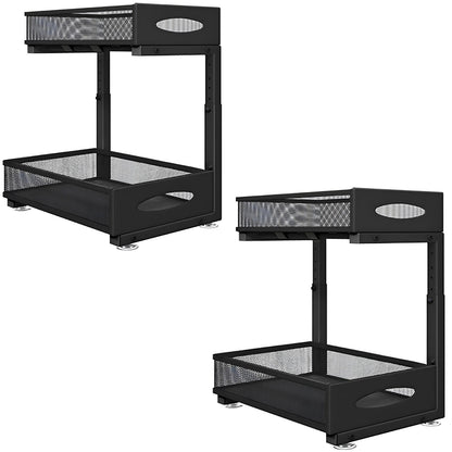 Organizator cu Sertare Glisante Elindor® pe 2 Nivele pentru Dulap, sub Chiuveta, Raft cu Sertar pentru Camara, Organizare Bucatarie, Baie si Birou, Sistem Glisant si Antialunecare, Accesorii Depozitare, Multifunctional, Organizatoare pentru Casa, Negru