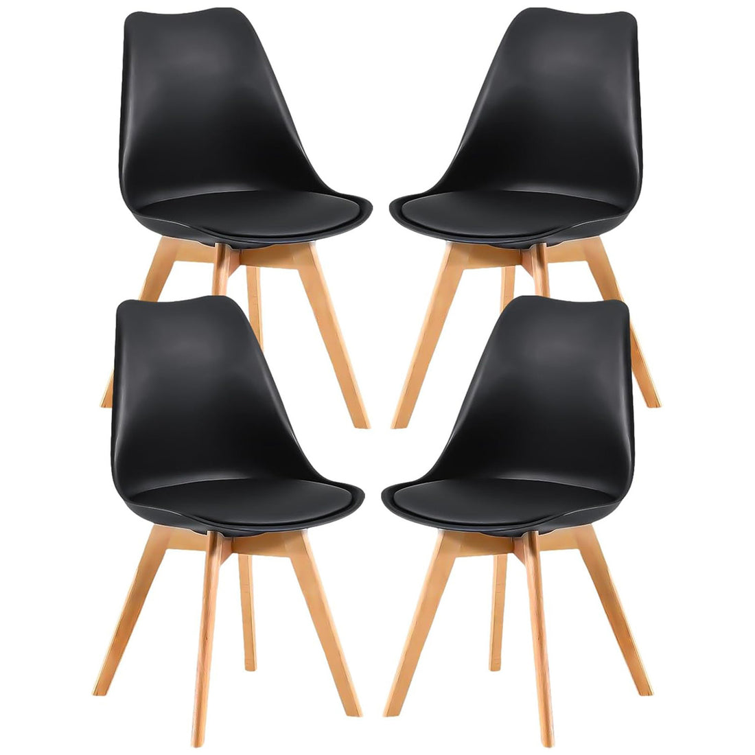 Set 4 Scaune Bucatarie Negre Elindor® din Piele Ecologica, Picioare din Lemn, Scaun Confortabil, Perna Sezut, Elegant, pentru Bucatarie, Dormitor, Living, 50 x 45 x 81 cm