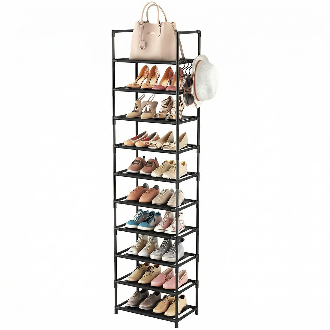Organizator pentru Pantofi Elindor® Pantofar cu 10 Nivele Mari si 5 Carlige Metalice, Fara Gauri, Suport Metalic pentru Papuci, Dulap Hol, Dormitor, Economisire Spatiu, Depozitare Incaltaminte, 25.5 × 43 × 173 cm, Negru