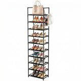 Organizator pentru Pantofi Elindor® Pantofar cu 10 Nivele Mari si 5 Carlige Metalice, Fara Gauri, Suport Metalic pentru Papuci, Dulap Hol, Dormitor, Economisire Spatiu, Depozitare Incaltaminte, 25.5 × 43 × 173 cm, Negru