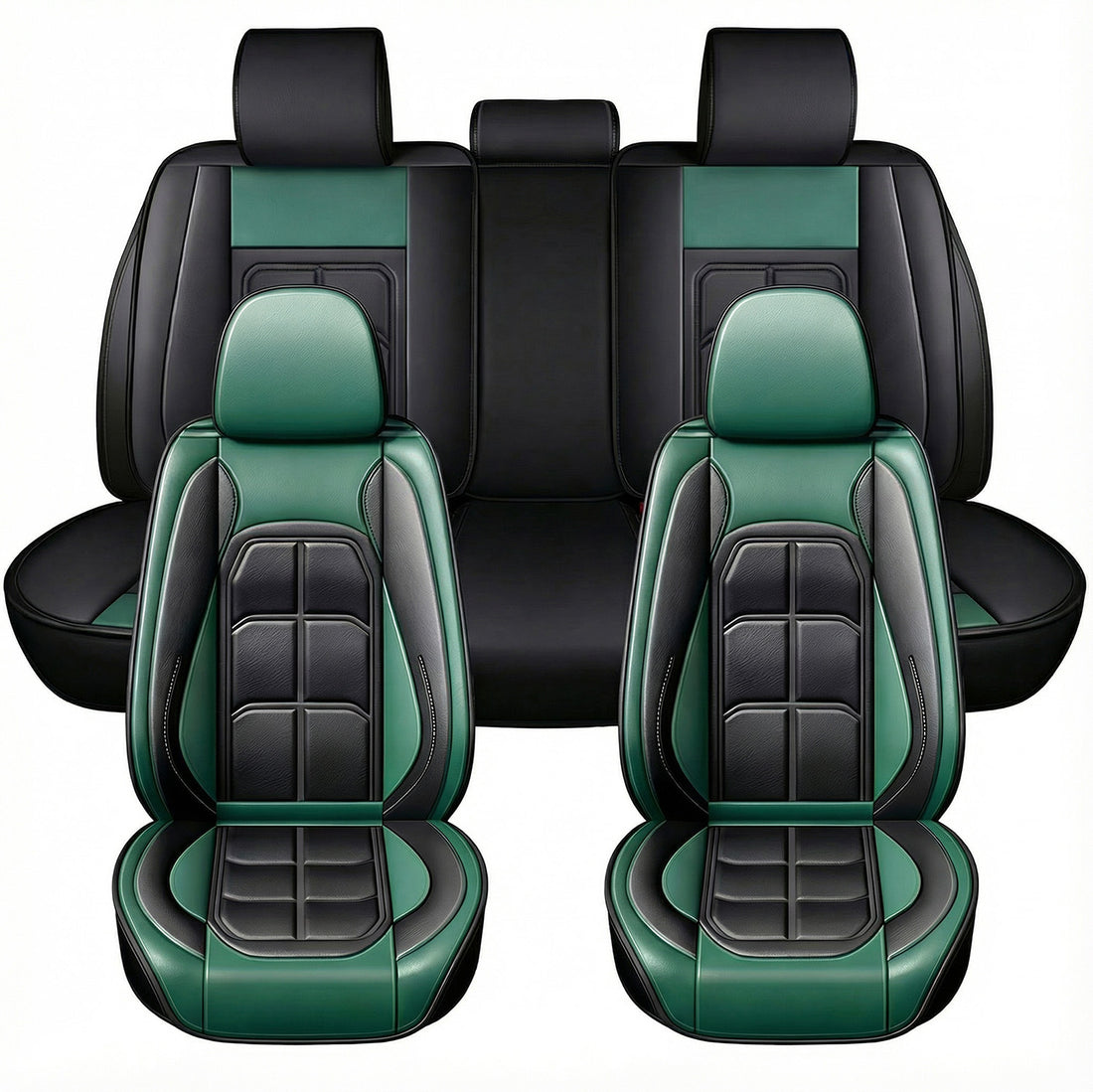 Set 5 Huse Scaune Auto Elindor® Universale, Husa pentru Protectie Sezut si Spatar Scaun Fata si Bancheta Spate, Impermeabila, Piele Ecologica, Accesorii Masina Huse Interior, Verde Inchis