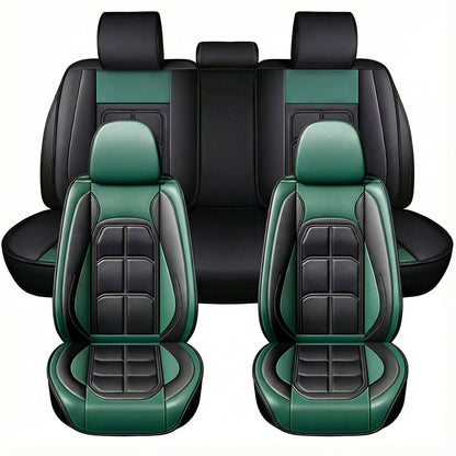 Set 5 Huse Scaune Auto Elindor® Universale, Husa pentru Protectie Sezut si Spatar Scaun Fata si Bancheta Spate, Impermeabila, Piele Ecologica, Accesorii Masina Huse Interior, Verde Inchis