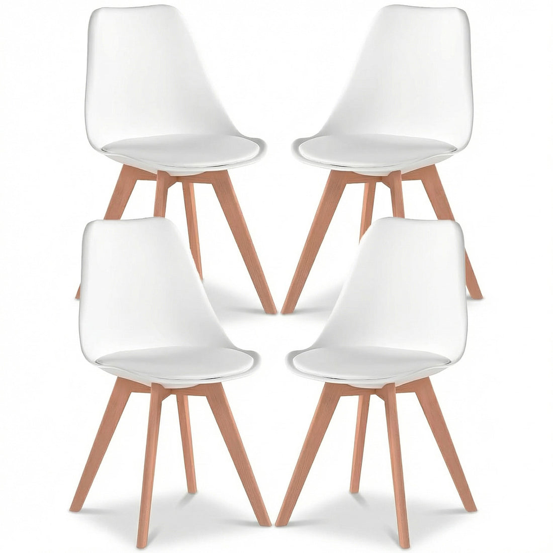 Set 4 Scaune Bucatarie Albe Elindor® din Piele Ecologica, Picioare din Lemn, Scaun Confortabil, Perna Sezut, Elegant, pentru Bucatarie, Dormitor, Living, 50 x 45 x 81 cm