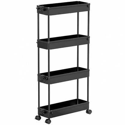 Carucior Organizator 4 Niveluri Elindor® Modular, cu Roti 360°, Organizator Bucatarie, Multifunctional, Raft Mobil Organizare Baie, Camara, Birou, Bar, 85 × 12.5 × 38.8 cm, Negru