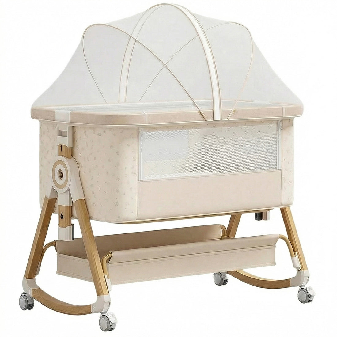 Patut Pliabil Bebelusi Elindor® 4 in 1, Copii 0-12 luni, Leagan Bebe, 6 Trepte de Inaltime Reglabila, Portabil, Plasa Laterala, Roti cu Sistem Blocare, Greutate Maxima 10 kg, Bej