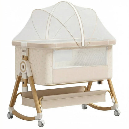 Patut Pliabil Bebelusi Elindor® 4 in 1, Copii 0-12 luni, Leagan Bebe, 6 Trepte de Inaltime Reglabila, Portabil, Plasa Laterala, Roti cu Sistem Blocare, Greutate Maxima 10 kg, Bej