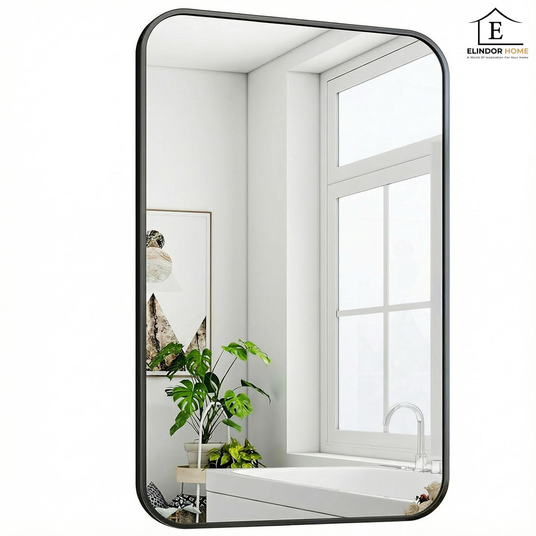 Oglinda Decorativa 90x60 cm Elindor® Agatare pe Perete sau Sprijinita, Rama Neagra, Dreptunghiulara, Colturi Rotunjite, Moderna si Eleganta, Reflexie HD, Sticla fara Distorsiuni, Ideala pentru Dormitor, Living, Birou, Dressing, Hol, Baie