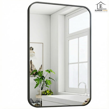Oglinda Decorativa 90x60 cm Elindor® Agatare pe Perete sau Sprijinita, Rama Neagra, Dreptunghiulara, Colturi Rotunjite, Moderna si Eleganta, Reflexie HD, Sticla fara Distorsiuni, Ideala pentru Dormitor, Living, Birou, Dressing, Hol, Baie