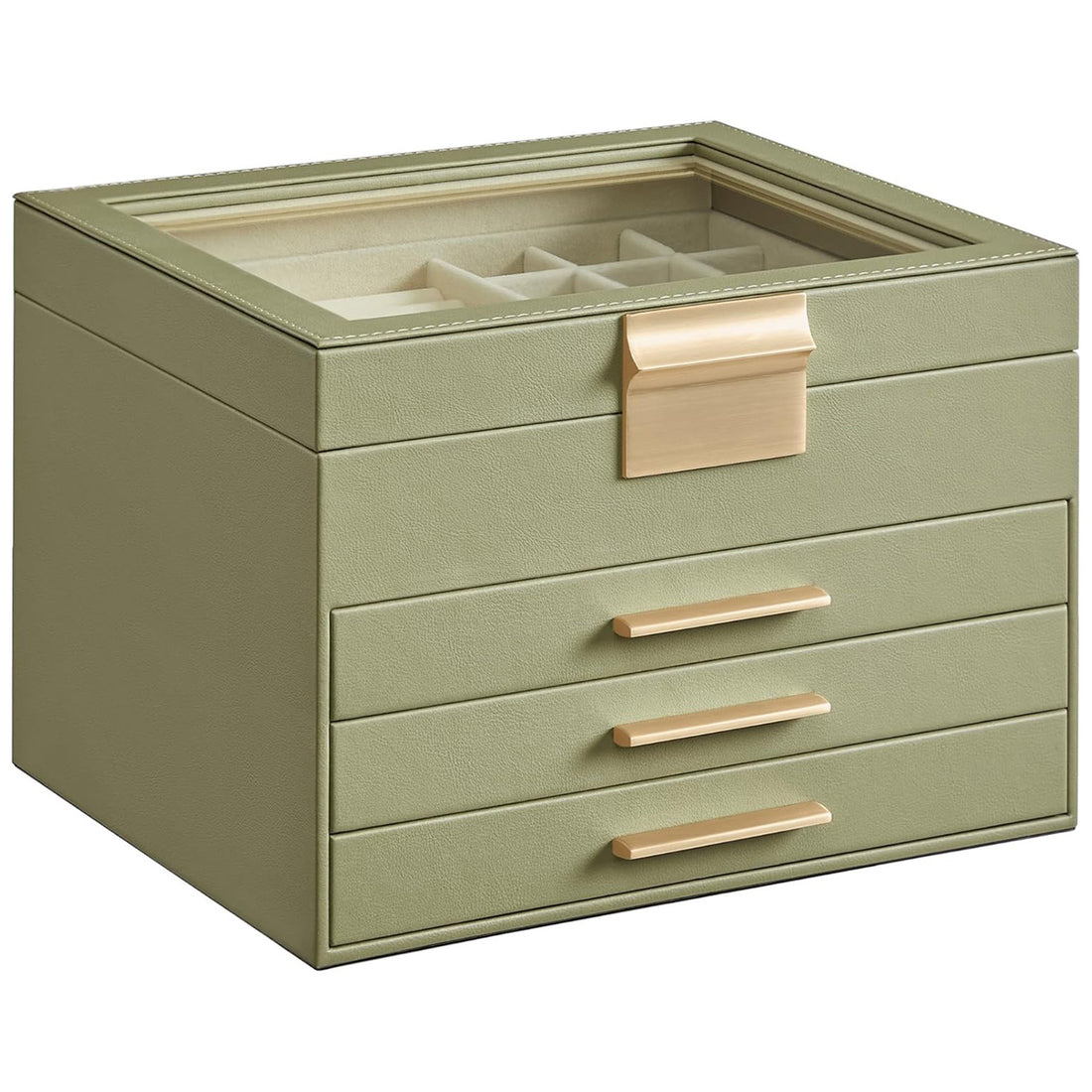 Cutie de Bijuterii Elindor® cu Capac, Organizator 4 Niveluri, 3x Sertar, Spatiu Depozitare Inel, Verighete, Lantisoare, Bratari, Cercei, Caseta din Material Catifelat, Rafinat, Simplu si Elegant, Piele Ecologica, 23×20x16.5 cm, Verde Masliniu