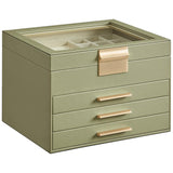 Cutie de Bijuterii Elindor® cu Capac, Organizator 4 Niveluri, 3x Sertar, Spatiu Depozitare Inel, Verighete, Lantisoare, Bratari, Cercei, Caseta din Material Catifelat, Rafinat, Simplu si Elegant, Piele Ecologica, 23×20x16.5 cm, Verde Masliniu