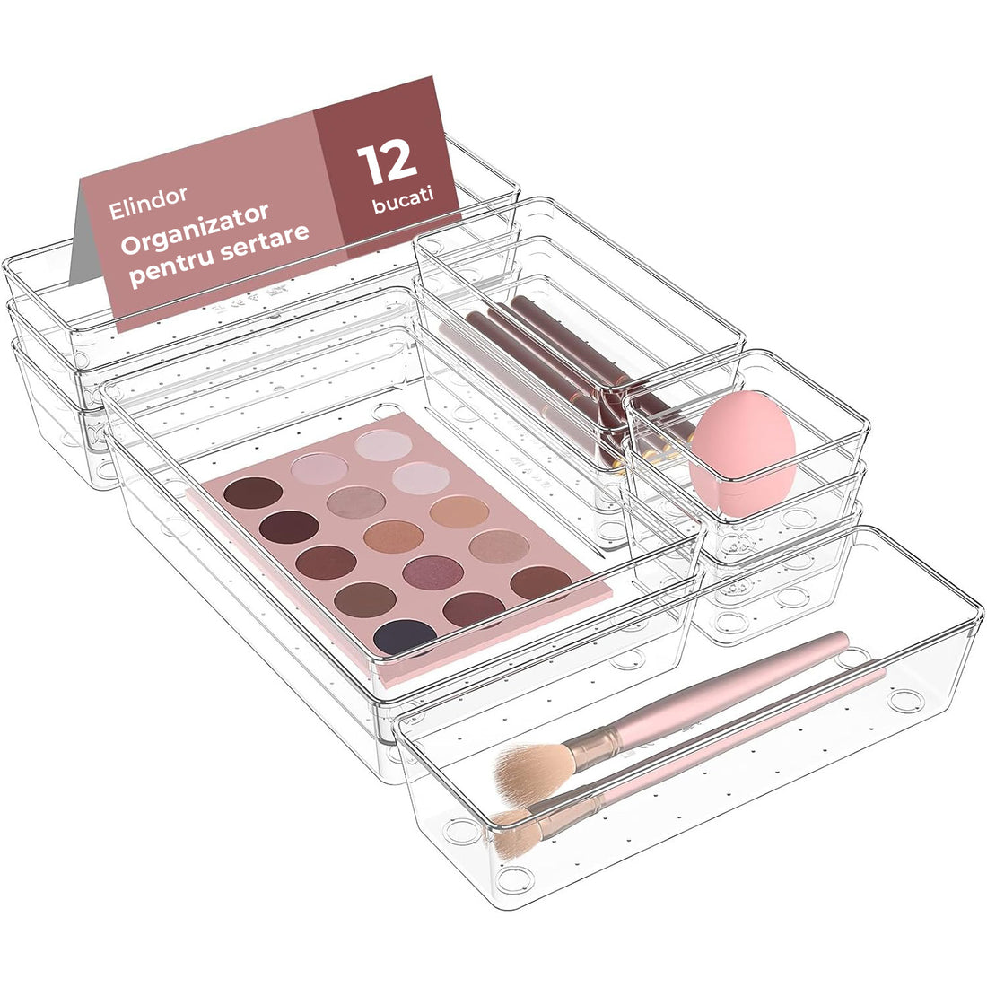 Set 12 Cutii Depozitare Elindor® Organizator pentru Bucatarie si Baie, 4 Marimi, Organizatoare Dulap si Sertare, Cutie pentru Sertar, Frigider, Camara, Baie, Bar, Birou, Cos Multifunctional, Separator Fructe, Legume, Creme, Parfumuri, Plastic Acrilic