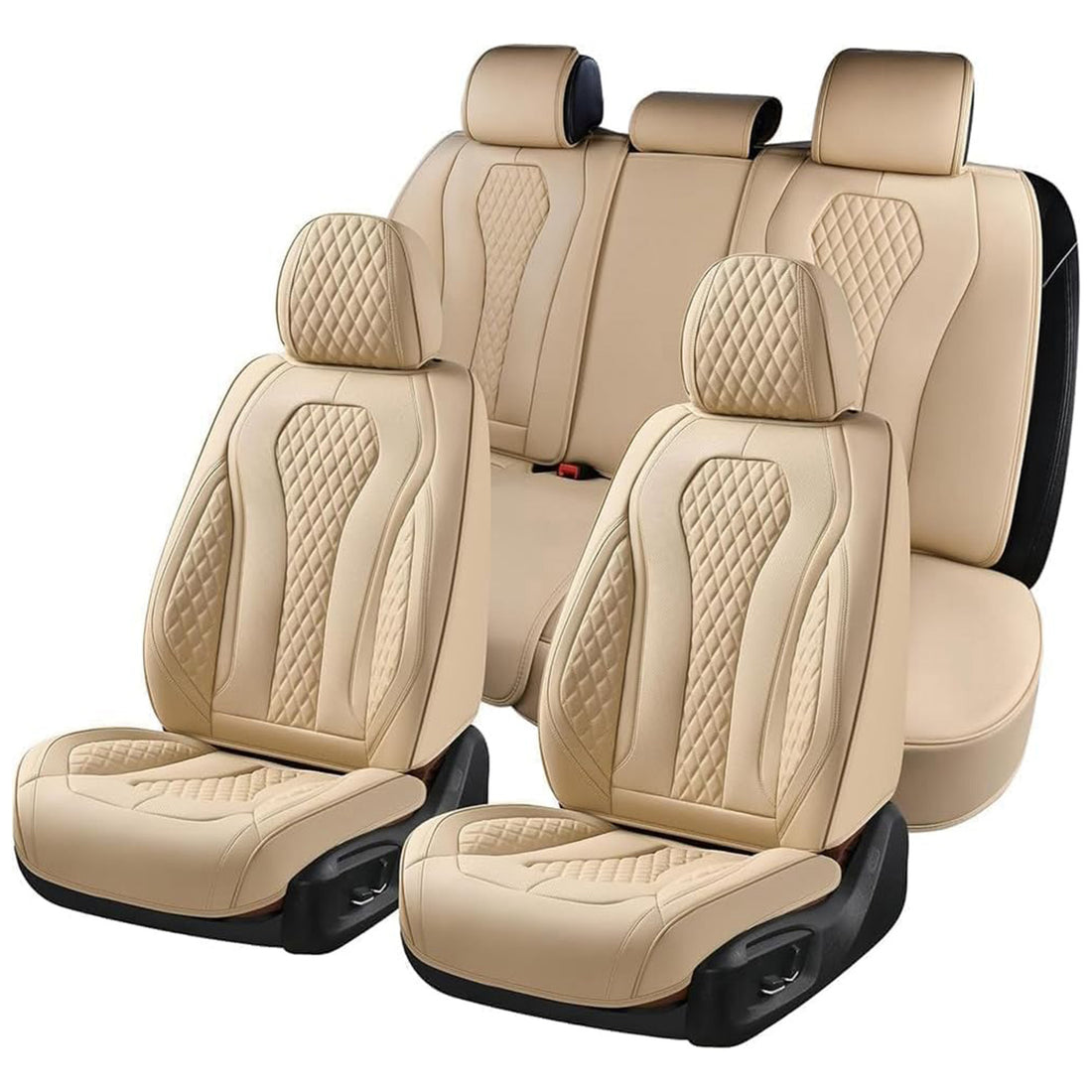 Set 5 Huse Scaune Auto Elindor® Universale, Husa pentru Protectie Sezut si Spatar Scaun Fata si Bancheta Spate, Impermeabila, Piele Nappa, Accesorii Masina Huse Interior, Bej