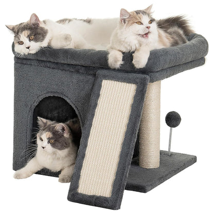 Ansamblu de Joaca Elindor® pentru Pisici, Post pentru Zgariat din Sisal, Stalp pentru Ascutit Gheare, Baza Solida, Pat Moale pentru Dormit, Accesorii Animale de Companie, Montare Usoare, Gri