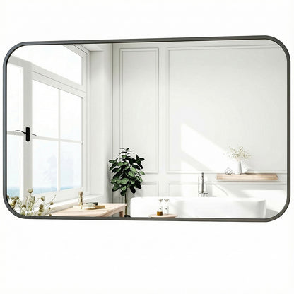 Oglinda Decorativa 122x75 cmElindor® Agatare pe Perete sau Sprijinita, Neagra, Dreptunghiulara, Colturi Rotunjite, Moderna si Eleganta, Reflexie HD, Sticla fara Distorsiuni, Ideala pentru Dormitor, Living, Birou, Dressing, Hol, Baie, Rama Metalica,