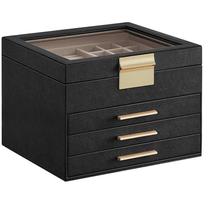 Cutie de Bijuterii Elindor® cu Capac, Organizator 4 Niveluri, 3x Sertar, Spatiu de Depozitare Inel, Verighete, Lantisoare, Bratari, Cercei, Caseta din Material Catifelat, Design Rafinat, Simplu si Elegant, Piele Ecologica Neagra, 23×20x16