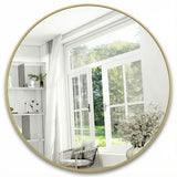 Oglinda Rotunda Aurie Elindor® Decorativa, Moderna si Eleganta, Reflexie HD, Sticla fara Distorsiuni, Ideala pentru Dormitor, Living, Birou, Dressing, Hol, Rama Metalica, Diametru 90 cm