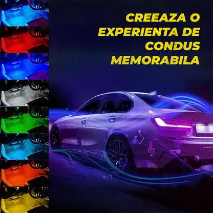 Lumini Interioare Auto Elindor®, 4 Benzi LED, Control Wireless, 8 Culori RGB