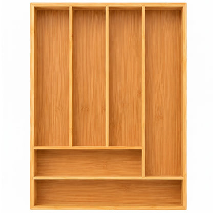 Organizator Fix Elindor® din Bambus, pentru Depozitare Tacamuri si Ustensile de Bucatarie, Furculite, Linguri, Cutite, Suport 6 Compartimente, Separator Sertare Spatios, Accesorii Organizare, Sertar 43 x 30.5 x 5 cm, Bej