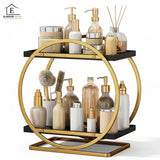 Organizator Cosmetice 2 Niveluri Elindor®, Suport Parfum si Skincare, Raft de Dus Baie, Etajera Depozitare, Accesorii Universale, 28 × 15 × 29 cm, Negru / Auriu