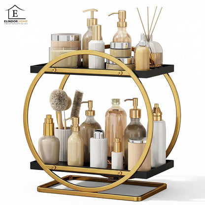 Organizator Cosmetice 2 Niveluri Elindor®, Suport Parfum si Skincare, Raft de Dus Baie, Etajera Depozitare, Accesorii Universale, 28 × 15 × 29 cm, Negru / Auriu