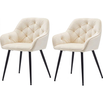 Set 2 Scaune Elindor® Ergonomice, Design Contemporan, Scaun cu Spatar si cu Manere, din Catifea cu Picioare Metalice Negre, Potrivite pentru Living, Bucatarie, Birou, Dormitor, 85 × 60 × 50 cm, Bej