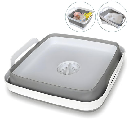 Lighean Pliabil Elindor® cu Dop de Scurgere, din Plastic Dur, Mare, Cos Rufe pentru Baie, Cadita pentru Animale de Companie, Ideal pentru Camping / Rulota, Baza Antialunecare, 30.5×31.5×20 cm, Gri / Alb