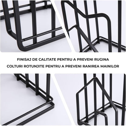 Suport Tocatoare Metalic Elindor® Organizator Compact si Elegant pentru Bucatarie, Baza Antiderapanta, Ideal pentru Tocatoare, Capace Oale si Tigai, Ustensile Bucatarie, Carti, 12.5 × 14.5 × 21.5 cm, Negru