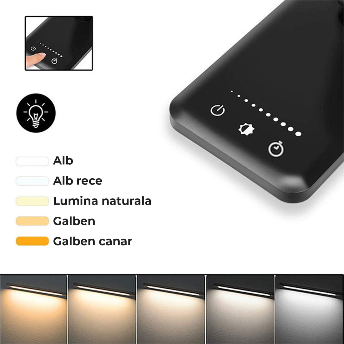 Lampa de Birou Elindor® Neagra cu LED, Pliabila, Incarcare USB si Incare Wireless Telefon, 5 Moduri Lumina Camera Rece/Cald si 5 Intensitati, Veioza Control prin Atingere, Potrivita si pentru Noptiera in Dormitor, Oprire Automata, 39 x 3 x 10,8 cm